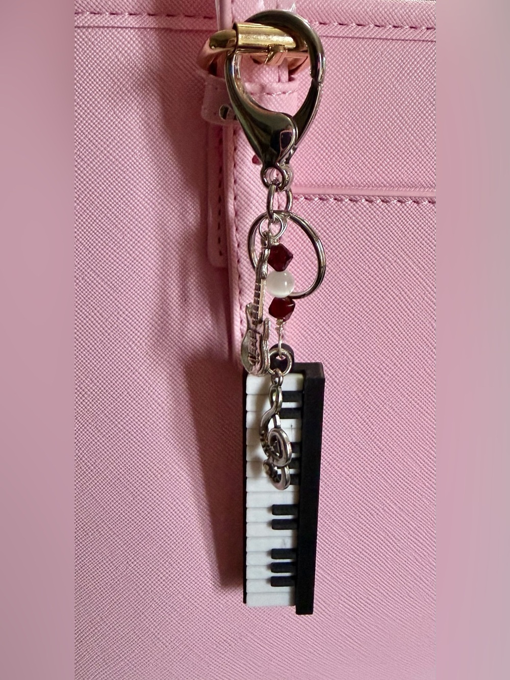 Hand Crafted Pink Piano Key Charm Keychain with Silver Hardware